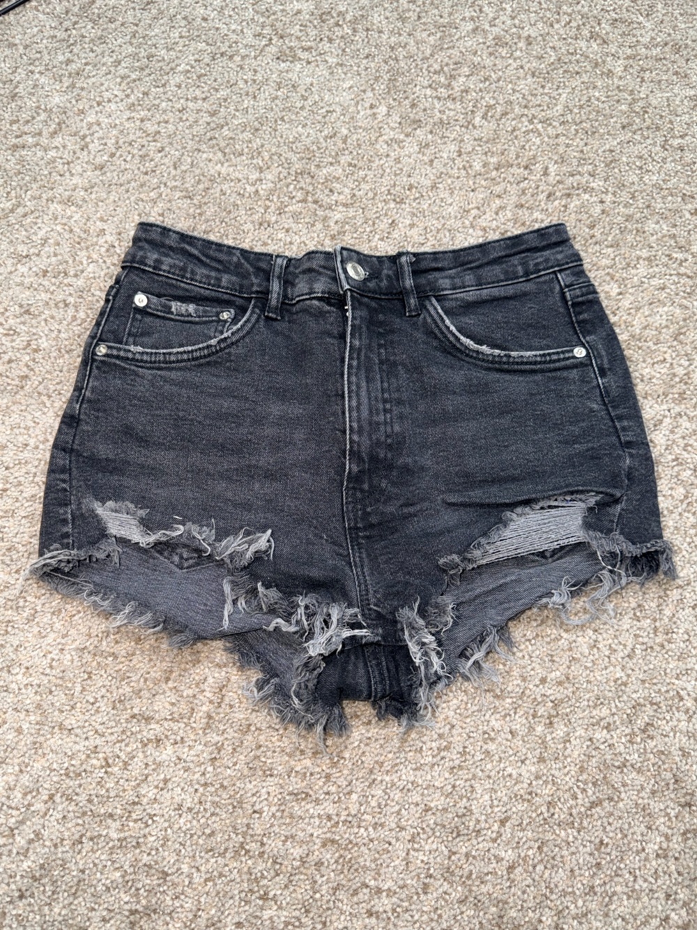 Zara Black Distressed High-Waist Denim Shorts